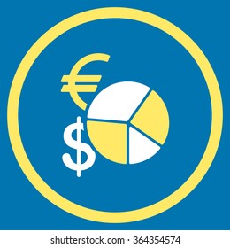 Currency Pie Chart vector icon. Style is bicolor flat circled symbol, yellow and white colors, rounded angles, blue background.