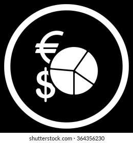Currency Pie Chart vector icon. Style is flat circled symbol, white color, rounded angles, black background.