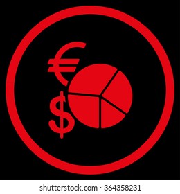 Currency Pie Chart vector icon. Style is flat circled symbol, red color, rounded angles, black background.