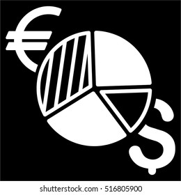 Currency Pie Chart vector icon. Flat white symbol. Pictogram is isolated on a black background. Designed for web and software interfaces.