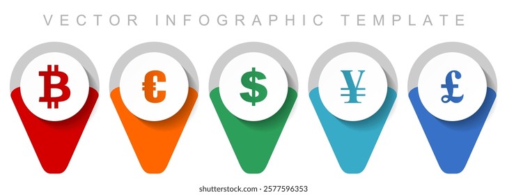 Currency pointer collection, miscellaneous icons such as bitcoin, euro, dollar, yen and pound, flat design vector infographic template in eps 10