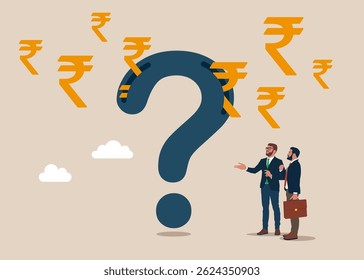 Moneda. Del signo de interrogación salen muchos signos de rupias.  Retorno de inversión a largo plazo, fondo de pensiones de jubilación. Ilustración vectorial moderna en estilo plano