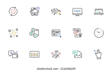 Currency rate, Correct answer and New mail line icons for website, printing. Collection of Wallet, Search flight, Cogwheel icons. Bus parking, Update comments, Touchscreen gesture web elements. Vector