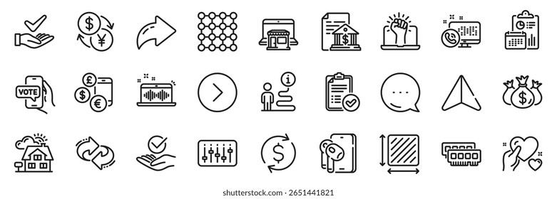 Taxa de câmbio, Câmbio de moeda e Atualizar ícone de linha. Ícones de plano Compartilhar, Mensagem, Papel. Troca de dólares, fones de ouvido, ícone da web para frente. Relatório aprovado, Área quadrada, Pictograma de densidade. Vetor