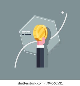 Currency rate growth concept, graph is moving upwards, hand holding gold coin flat vector illustration