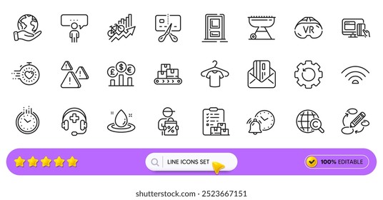 Currency rate, Keywords and T-shirt line icons for web app. Pack of Save planet, Alarm clock, Wifi pictogram icons. Attention, Wholesale goods, Fuel energy signs. Credit card. Search bar. Vector