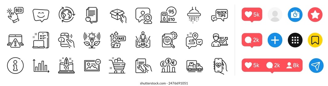 Currency rate, Quick tips and Shower line icons pack. Social media icons. Bid offer, Search file, Grocery basket web icon. Success business, Device, Health app pictogram. Vector