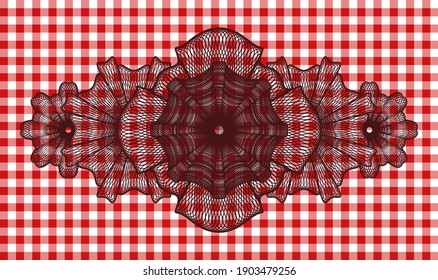 Currency red checkered tablecloth emblem. Restaurant fashionable background. Intense illustration. 
