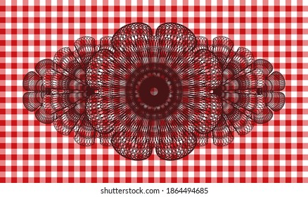 Currency rot Schachbrettdecke realistisches Badge. Restaurant auf exquisitem Hintergrund. Intensive Illustration. 
