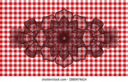 Currency red checkered tablecloth realistic emblem. Restaurant luxurious background. Intense illustration. 