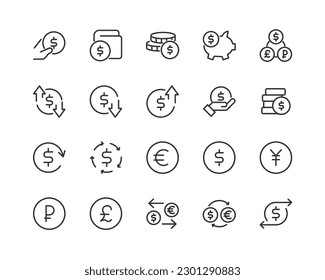 currency related icon set. Editable stroke. Pixel Perfect 24x24px icons