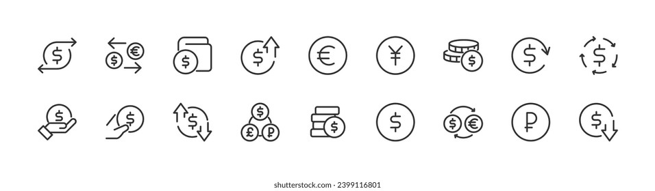 currency related icon set. Editable stroke. Pixel Perfect 24x24px icons