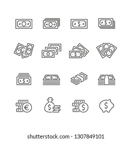 Currency related icons: thin vector icon set, black and white kit