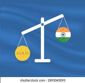 Currency Round Yellow Gold On Libra And The Economy Balances Of The Country Of India. Gold Is Rising, The Currency Value Of The Country Is Decreasing. Money Value And Purchasing Power Change.