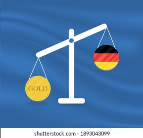 Currency Round Yellow Gold On Libra And The Economy Balances Of The Country Of Germany. Gold Is Rising, The Currency Value Of The Country Is Decreasing. Money Value And Purchasing Power Change.