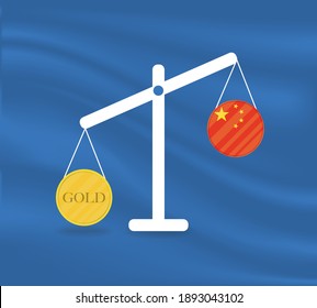 Currency Round Yellow Gold On Libra And The Economy Balances Of The Country Of Chine. Gold Is Rising, The Currency Value Of The Country Is Decreasing. Money Value And Purchasing Power Change.