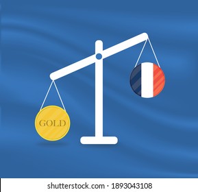 Currency Round Yellow Gold On Libra And The Economy Balances Of The Country Of France. Gold Is Rising, The Currency Value Of The Country Is Decreasing. Money Value And Purchasing Power Change.