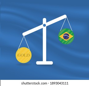 Currency Round Yellow Gold On Libra And The Economy Balances Of The Country Of Brazil. Gold Is Rising, The Currency Value Of The Country Is Decreasing. Money Value And Purchasing Power Change.