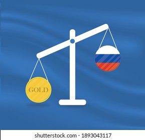 Currency Round Yellow Gold On Libra And The Economy Balances Of The Country Of Russia. Gold Is Rising, The Currency Value Of The Country Is Decreasing. Money Value And Purchasing Power Change.
