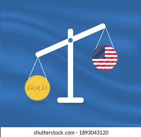 Currency Round Yellow Gold On Libra And The Economy Balances Of The Country Of USA. Gold Is Rising, The Currency Value Of The Country Is Decreasing. Money Value And Purchasing Power Change.