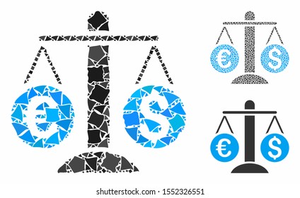 Currency scales composition of ragged items in variable sizes and color hues, based on currency scales icon. Vector uneven items are grouped into collage.