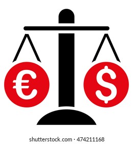Currency Scales icon. Vector style is bicolor flat iconic symbol, intensive red and black colors, white background.