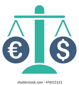Currency Scales icon. Vector style is bicolor flat iconic symbol, cobalt and cyan colors, white background.
