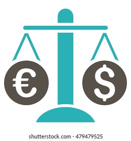 Currency Scales icon. Vector style is bicolor flat iconic symbol, grey and cyan colors, white background.