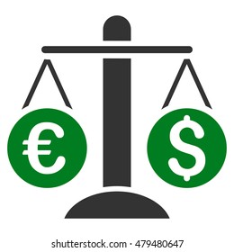 Currency Scales icon. Vector style is bicolor flat iconic symbol, green and gray colors, white background.