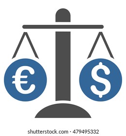 Currency Scales icon. Vector style is bicolor flat iconic symbol, cobalt and gray colors, white background.