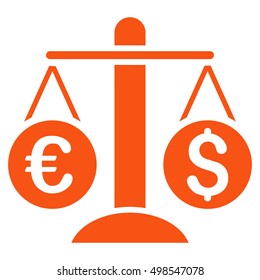 Currency Scales icon. Vector style is flat iconic symbol, orange color, white background.