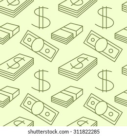 Currency seamless pattern. Dollar sign background. Texture with USD paper money sign symbols. Dark green objects on light background. Green colors. Vector
