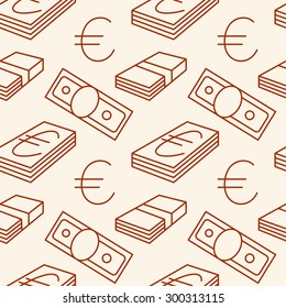 Currency seamless pattern. Euro sign background. Texture with EUR money sign symbols. Dark objects on light background, colors. Red - brown colors. Vector