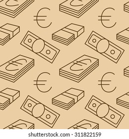 Currency seamless pattern. Euro sign background. Texture with EUR money sign symbols. Dark objects on light brown background. Vector