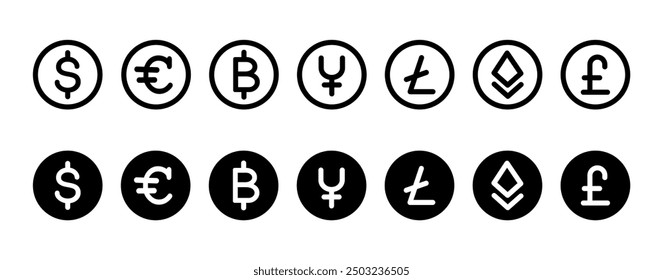 currency set icon. Cryptocurrency token symbols. Bitcoin sign. Ethereum pictogram. Litecoin illustration.