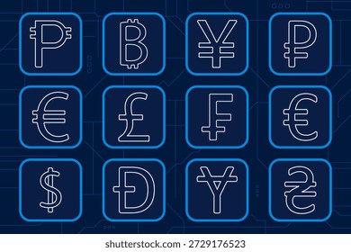 Icono de conjunto de divisas. Rublo, bitcoin, yen, euro, libra, franco, dólar, hryvnia, finanzas, economía, criptomoneda, comercio, mercado, intercambio, sistema monetario global.