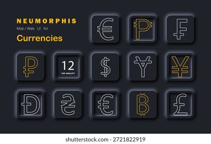 Ícone de conjunto de moedas. Mostra dólar, euro, bitcoin, iene, rublo, won, libra, franco, peso, lira, hryvnia, dogecoin, crachá numérico