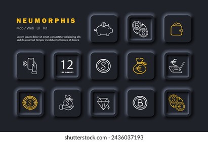 Currency set icon. Storage of money, safety of the dollar, exchange of dollars for bitcoin and vice versa, wallet, jewelry, cryptocurrency, safety of euros, NFC. Neomorphism style. Vector line icon