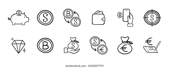 Währungsset-Symbol. Geldaufbewahrung, Sicherheit des Dollars, Umtausch von Dollar gegen Bitcoin und umgekehrt, Geldbörse, Schmuck, Kryptowährung, Sicherheit von Euro, NFC. Bankkonzept. Symbol für Vektorlinie.