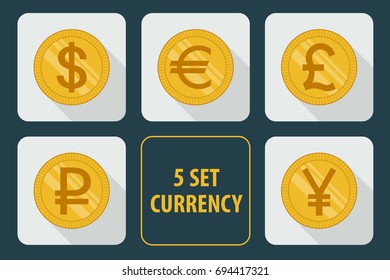 Currency set of vector icons isolated on white background with long shadows