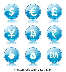 Currency Sign Blue Vector Button Icon Design Set