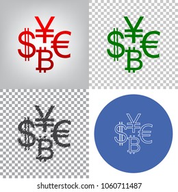 Currency sign collection dollar, euro, bitcoin, yen. Vector. 4 styles. Red gradient in radial lighted background, green flat and gray scribble icons on transparent and linear one in blue circle.