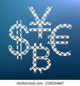 Currency sign collection dollar, euro, bitcoin, yen. Vector. White textured icon at lapis lazuli gradient background.