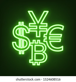 Currency sign collection dollar, euro, bitcoin, yen. Green neon icon in the dark. Blurred lightening. Illustration.