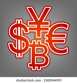 Currency sign collection dollar, euro, bitcoin, yen. Flat red icon with linear white icon with gray shadow at grayish background. Illustration.