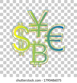 Currency sign collection dollar, euro, bitcoin, yen. Blue to green gradient Icon with Four Roughen Contours on stylish transparent Background. Illustration.