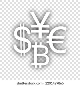 Currency sign collection dollar, euro, bitcoin, yen. White Icon with dropped natural gray Shadow at transparent Background. Illustration.