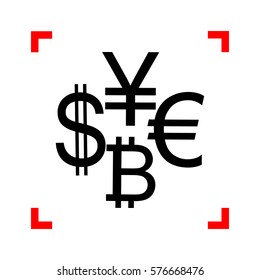 Currency sign collection dollar, euro, bitcoin, yen. Black icon 