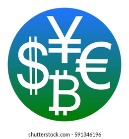 Currency sign collection dollar, euro, bitcoin, yen. Vector. White icon in bluish circle on white background. Isolated.