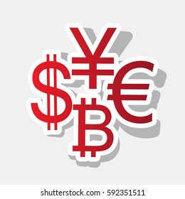 Currency sign collection dollar, euro, bitcoin, yen. Vector. New year reddish icon with outside stroke and gray shadow on light gray background.